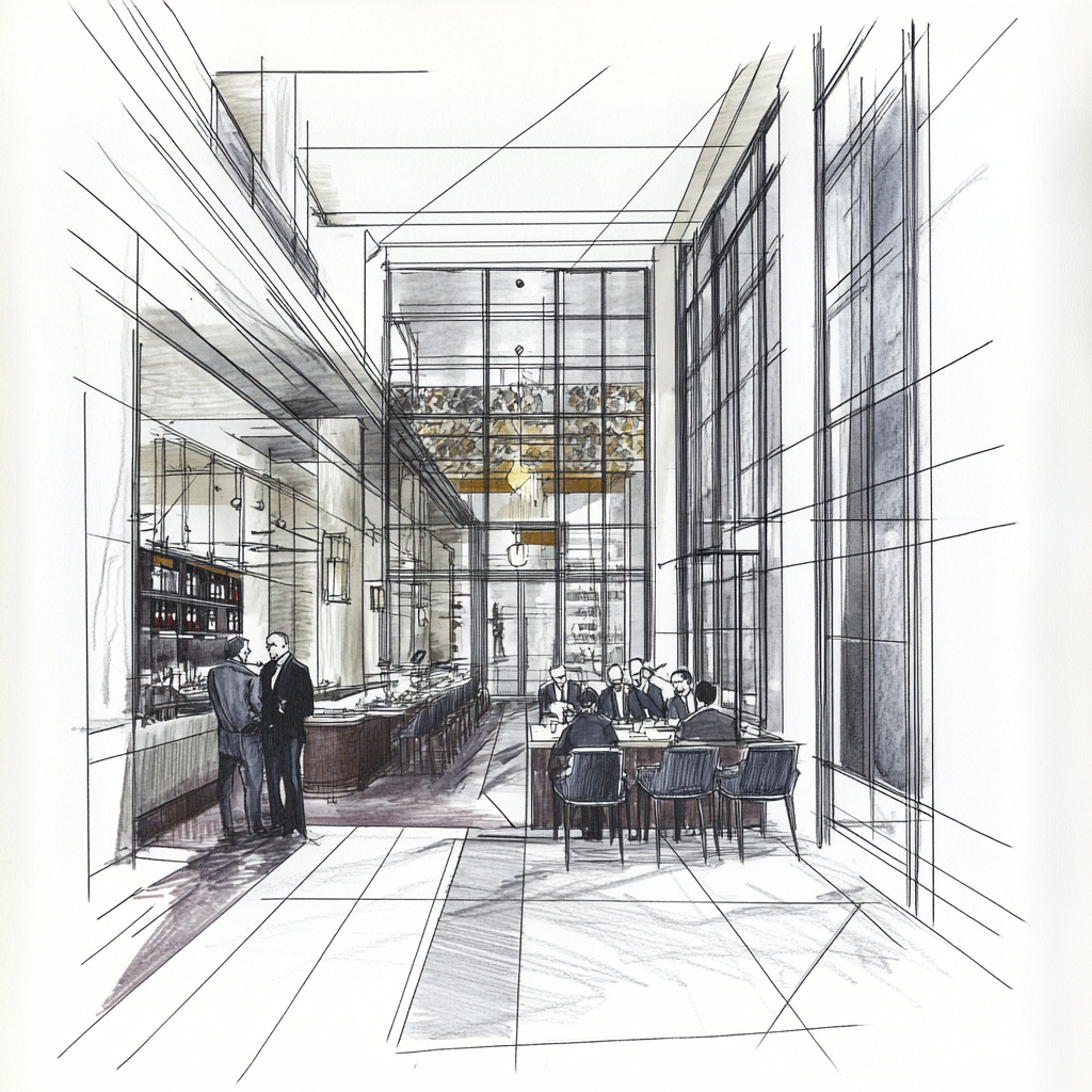 Schizzo architettonico STUDIOFORMA · ingresso locale doppia altezza · figure in primo piano stile acquerello