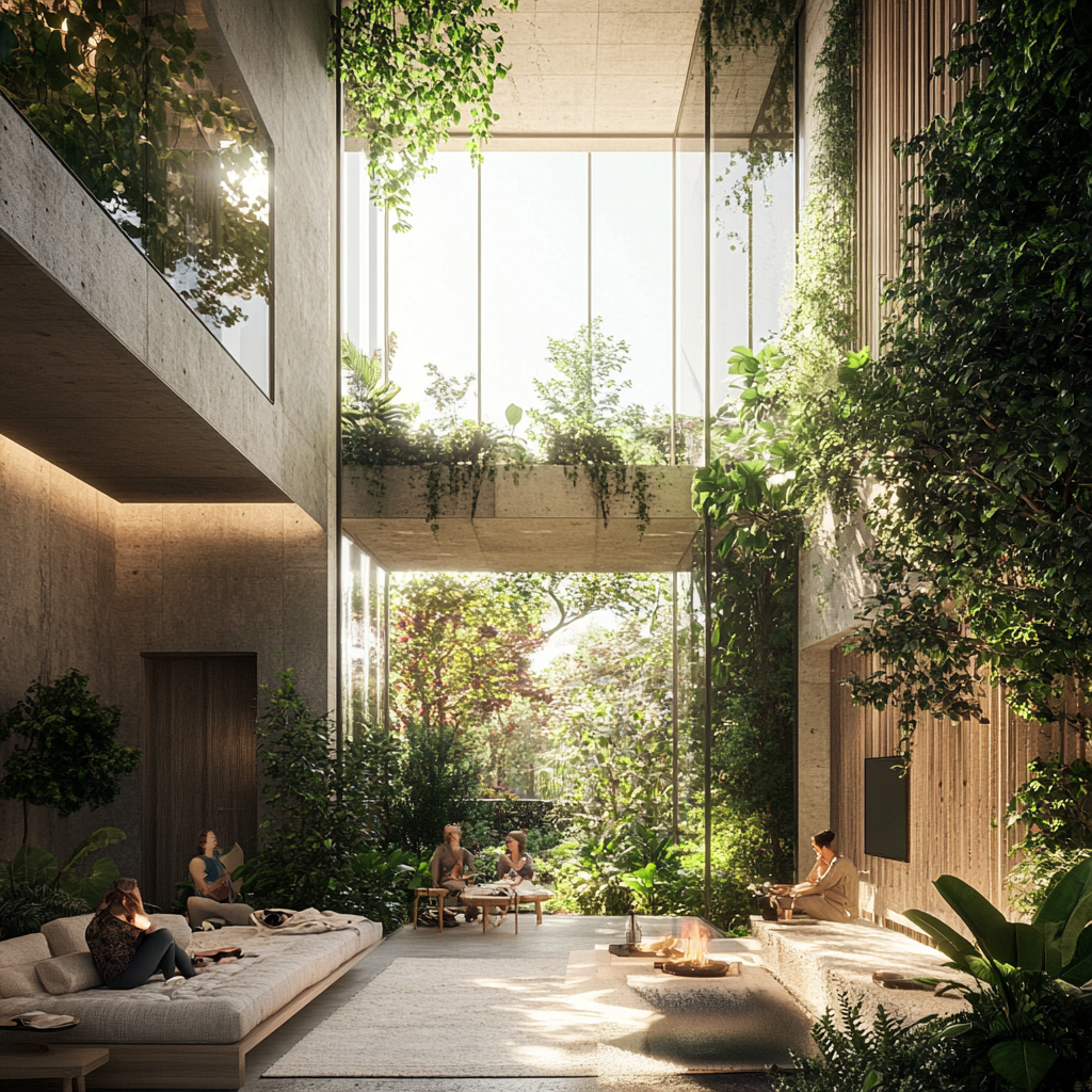Render AI STUDIOFORMA · sala interna con vetrata ad arco vista Firenze · vegetazione laterale · sedie design