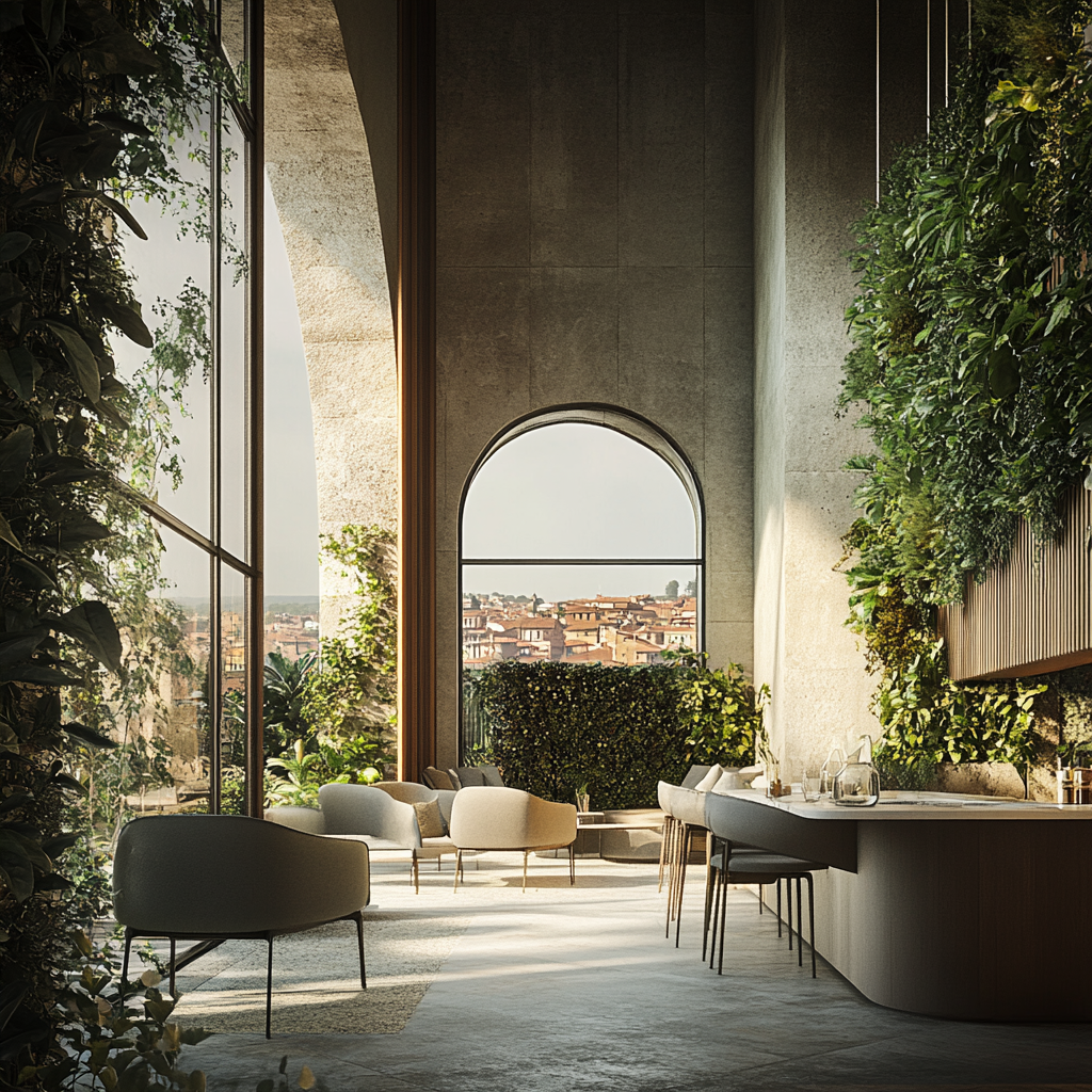 Render AI STUDIOFORMA · soggiorno con vetrate giganti su giardino · vegetazione interna · divani lounge
