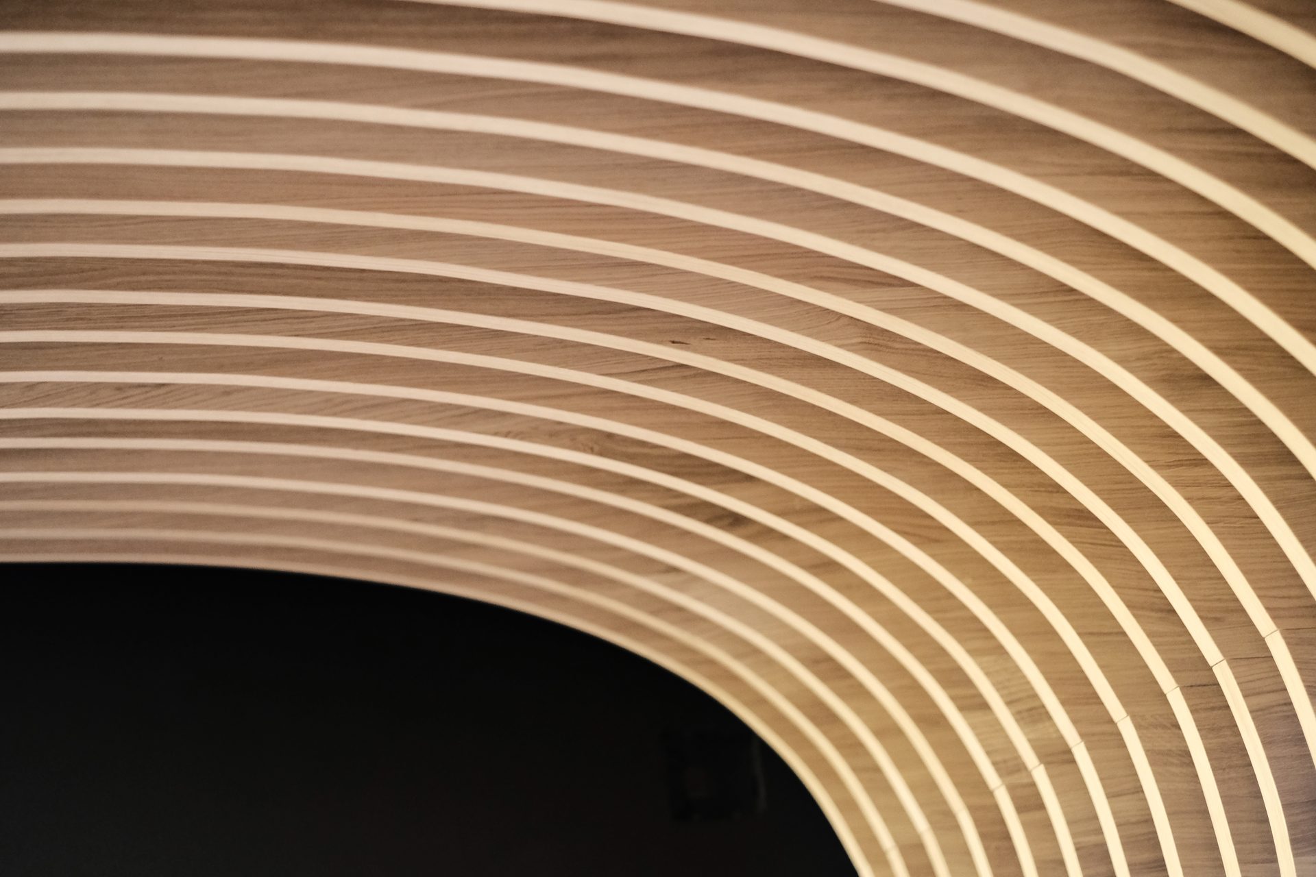 Aji Tei — dettaglio macro delle curve in legno chiaro del soffitto